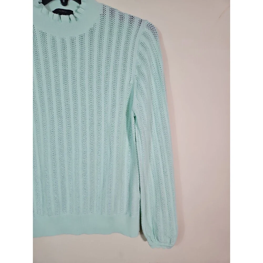 J CREW Women's Size L Mint Green Knit Sweater Ruffle Mockneck Long Sleeve - Picture 2 of 8